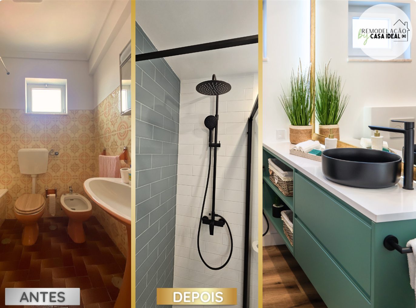 Casa de Cascais: bathroom before and after, with green cabinetry and black sanitary ware