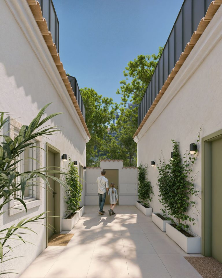 Architectural visualisation of the Jardim Emídia courtyard, presented by Casa Ideal®